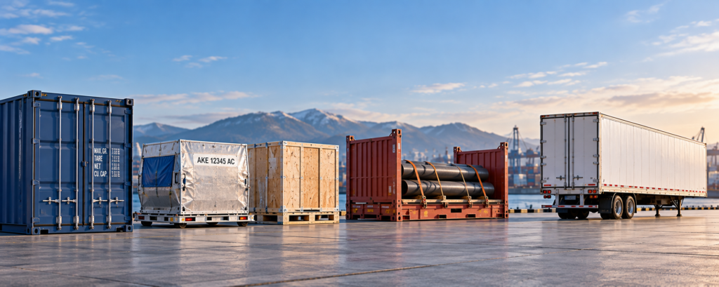 Shipping container, air cargo ULD, wooden freight crate, flat rack cargo and transport trailer representing different freight types.